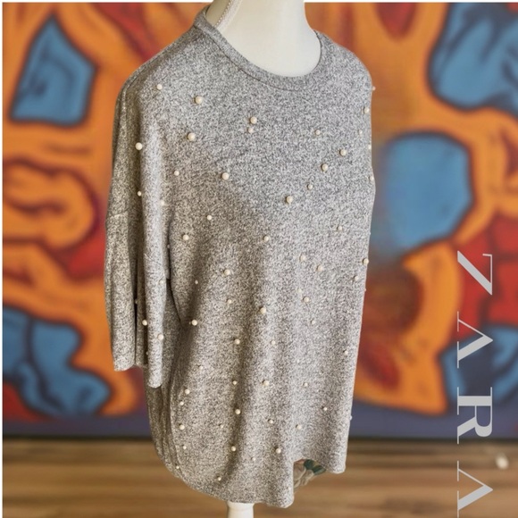 Zara Heather Gray Pearl Studded Short Sleeve Sweater - Picture 3 of 9
